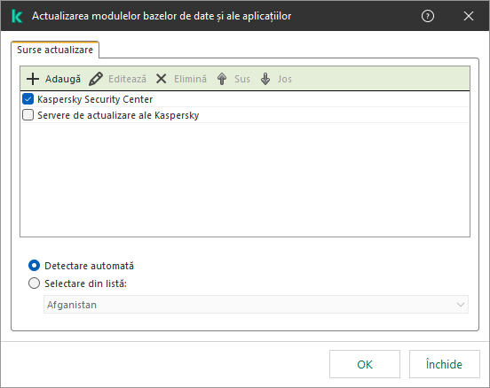 O fereastră cu lista surselor de actualizare. Utilizatorul poate adăuga surse de actualizare și poate atribui o prioritate sursei.