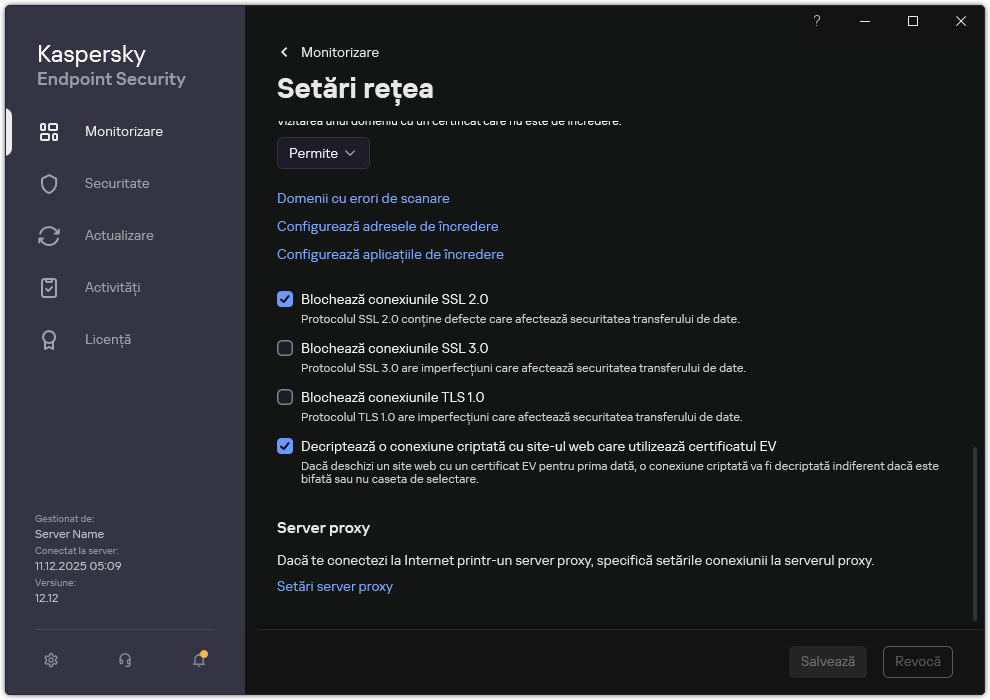 Fereastra Setări de rețea pentru aplicație.