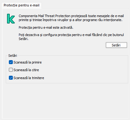 Extensia Kaspersky pentru fereastra Outlook. Utilizatorul poate configura mesajele pentru a fi scanate atunci când sunt primite, citite sau trimise.