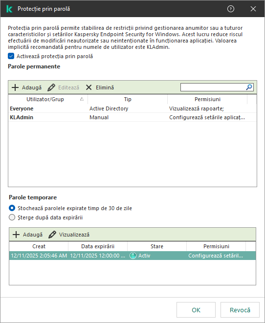 Fereastra de gestionare a parolelor temporare.