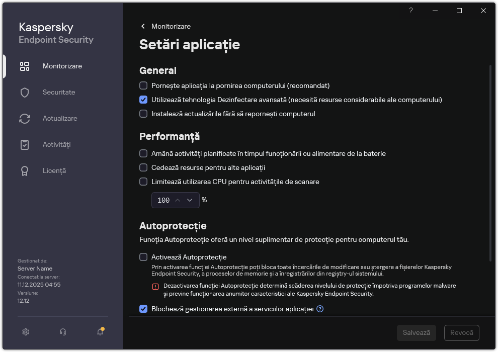 Fereastra cu setările aplicației. Utilizatorul poate configura performanța, autoprotecția și alte setări.