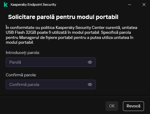 Fereastra conține câmpuri pentru introducerea și confirmarea parolei.