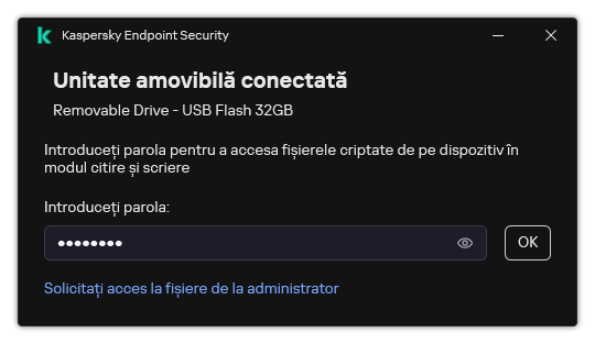 Fereastra conține un câmp de introducere a parolei. Utilizatorul poate crea o solicitare de acces la fișier.