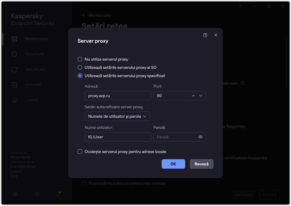 Fereastra pentru configurarea conexiunii serverului proxy. Utilizatorul poate seta adresa serverului proxy și acreditările utilizatorului.