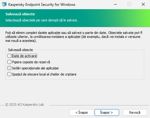 Fereastra de instalare cu o listă de obiecte care pot fi salvate după eliminarea aplicației.