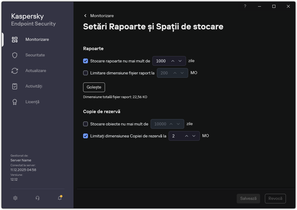 Fereastra pentru Setări Rapoarte și Spații de stocare. Utilizatorul poate seta dimensiunea și limita timpul de stocare a rapoartelor și obiectelor din depozit.