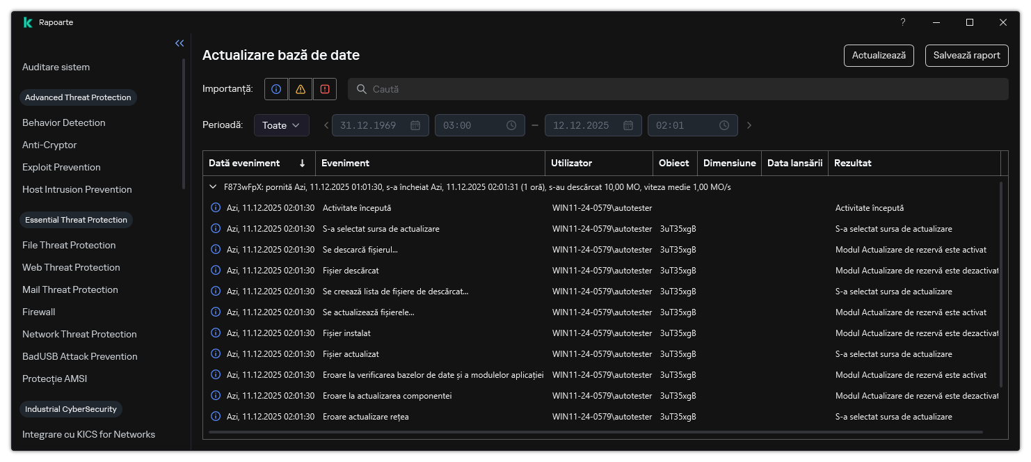 O fereastră cu lista de evenimente din raport. Utilizatorul poate filtra/sorta evenimente și poate salva rapoarte într-un fișier.