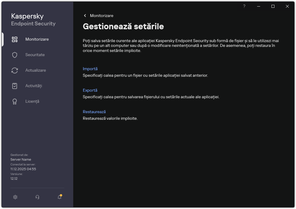 Fereastra cu setările excluderilor. Utilizatorul poate exporta, importa sau restaura setările aplicației.