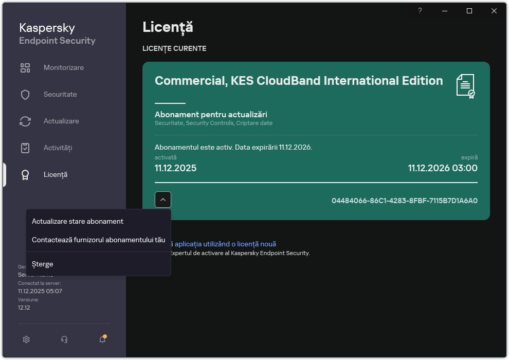 Fereastra cu informații despre licență. Utilizatorul poate actualiza abonamentul, poate contacta furnizorul abonamentului sau poate elimina licența.