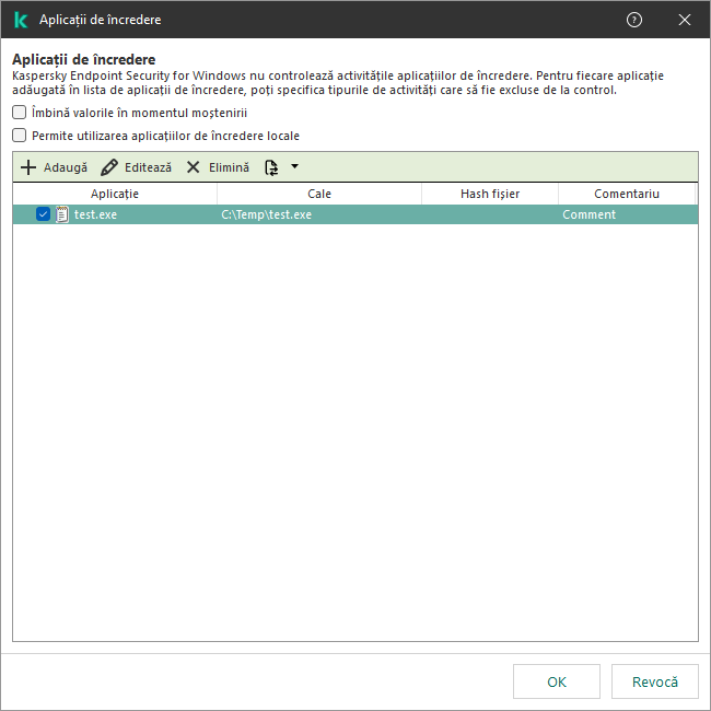 O fereastră cu lista aplicațiilor de încredere. Utilizatorul poate adăuga, edita sau elimina o aplicație de încredere.
