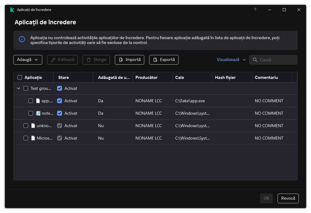O fereastră cu lista aplicațiilor de încredere. Utilizatorul poate adăuga, edita sau elimina o aplicație de încredere.