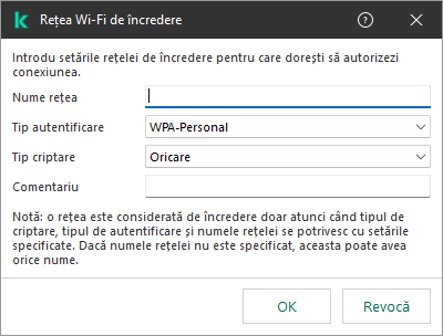 Fereastra conține setările rețelei Wi-Fi de încredere.