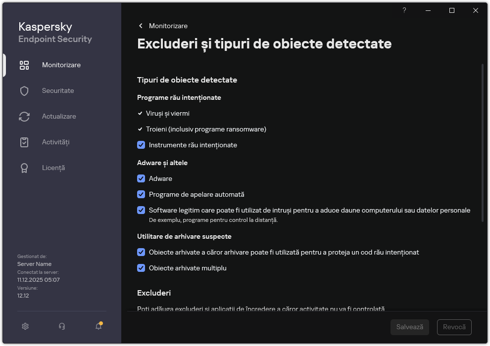 Fereastra cu setările excluderilor. Utilizatorul poate selecta tipuri de obiecte detectabile și poate adăuga obiecte la excluderi.
