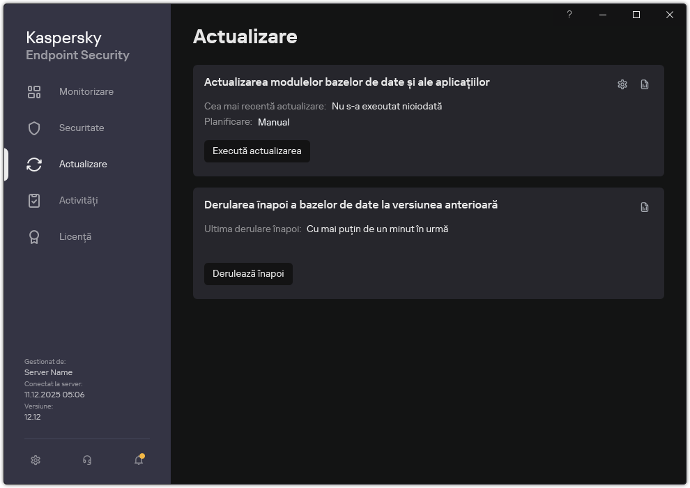 O fereastră cu lista activități de actualizare locale. Utilizatorul poate porni și derula înapoi actualizarea.