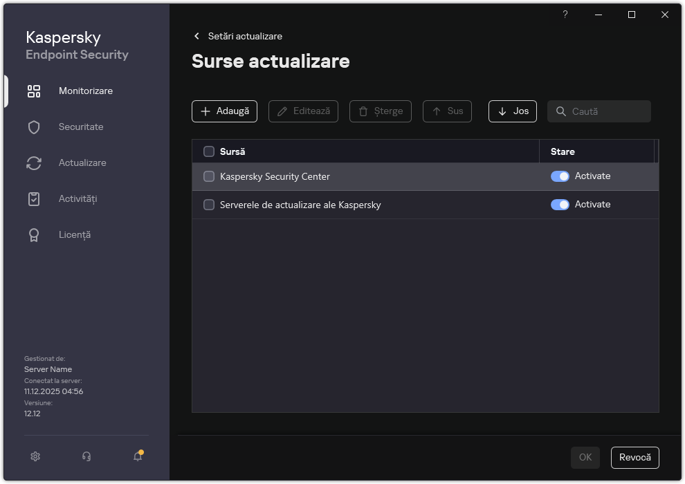 O fereastră cu lista surselor de actualizare. Utilizatorul poate adăuga surse de actualizare și poate atribui o prioritate sursei.