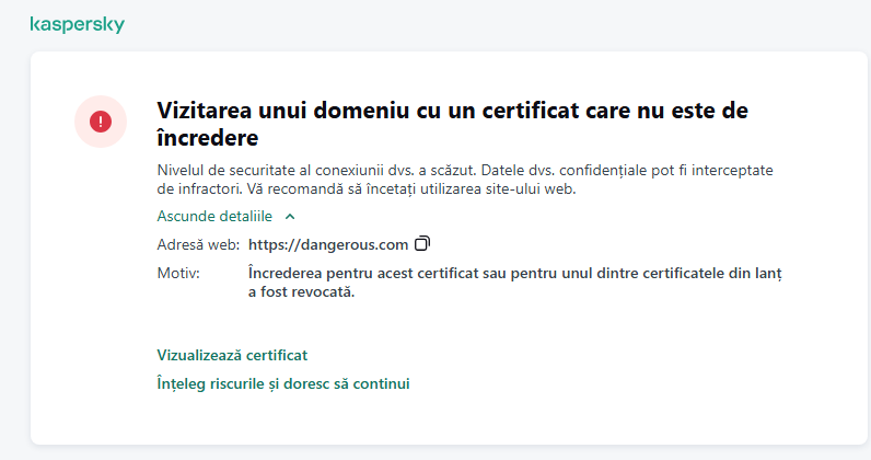 Notificare Kaspersky despre vizitarea unui domeniu cu un certificat care nu este de încredere în fereastra browserului. Utilizatorul poate continua lucrul.
