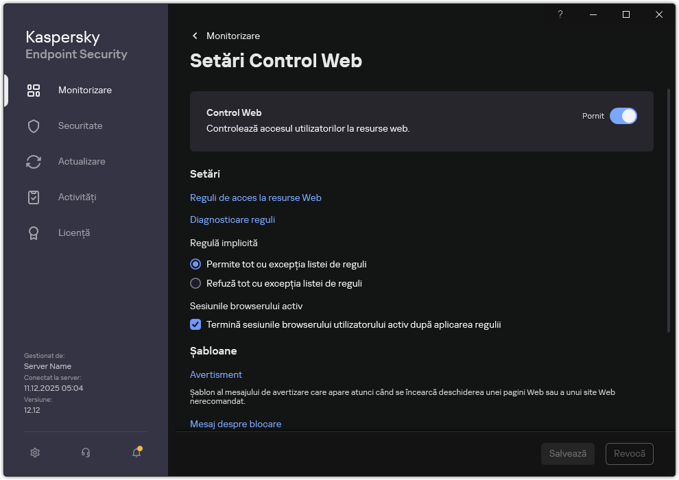 Fereastra de setări Control Web.