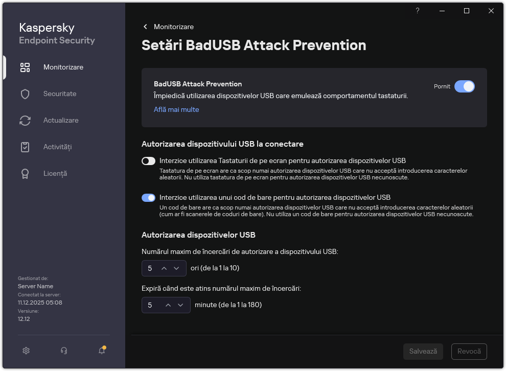 Fereastra de setări BadUSB Attack Prevention.