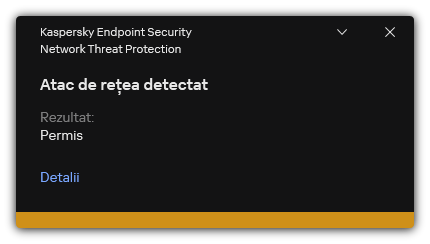 Fereastra pop-up cu informații despre un atac de rețea detectat.