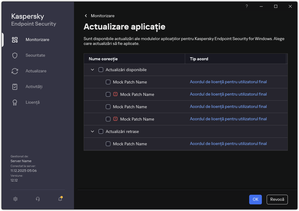 Fereastra cu o listă de corecții disponibile. Utilizatorul poate selectacorecțiile și poate accepta termenii și condițiile acordurilor.