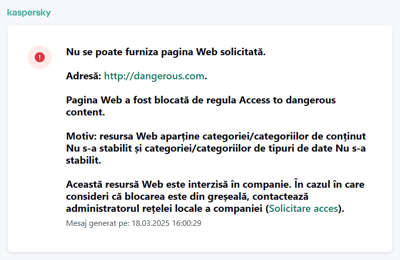 Notificare privind vizitarea unui site web blocat de componenta Web Control. Utilizatorul poate crea o solicitare de accesare a resursei web.