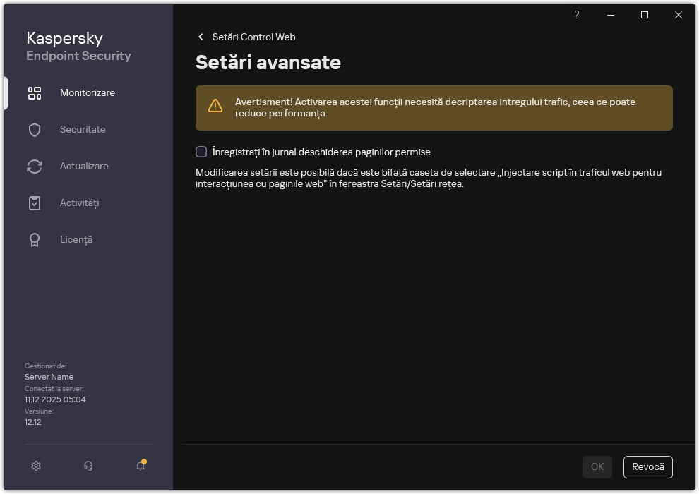 Fereastra de setări avansate Control Web.