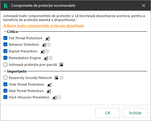 Fereastra pentru activarea componentelor de protecție recomandate. Poți activa componentele de protecție și poți împiedica dezactivarea acestora.