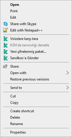 Dosya bağlam menüsü.