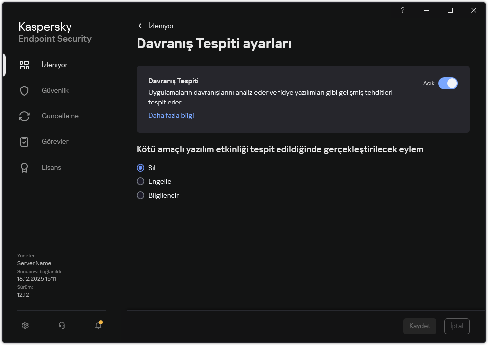 Davranış Tespiti ayarları penceresi.