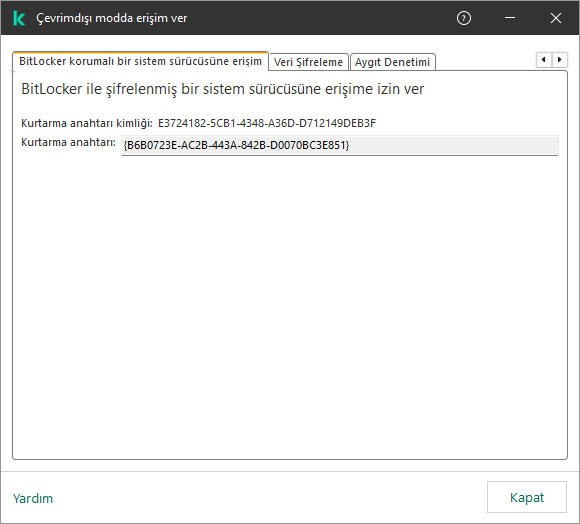 Şifreli sistem sürücüsüne erişimi geri yüklemek için anahtarın bulunduğu bir pencere.
