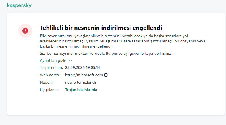 Kötü amaçlı nesnenin tarayıcı penceresine yüklenmesini önleme hakkında Kaspersky bildirimi.