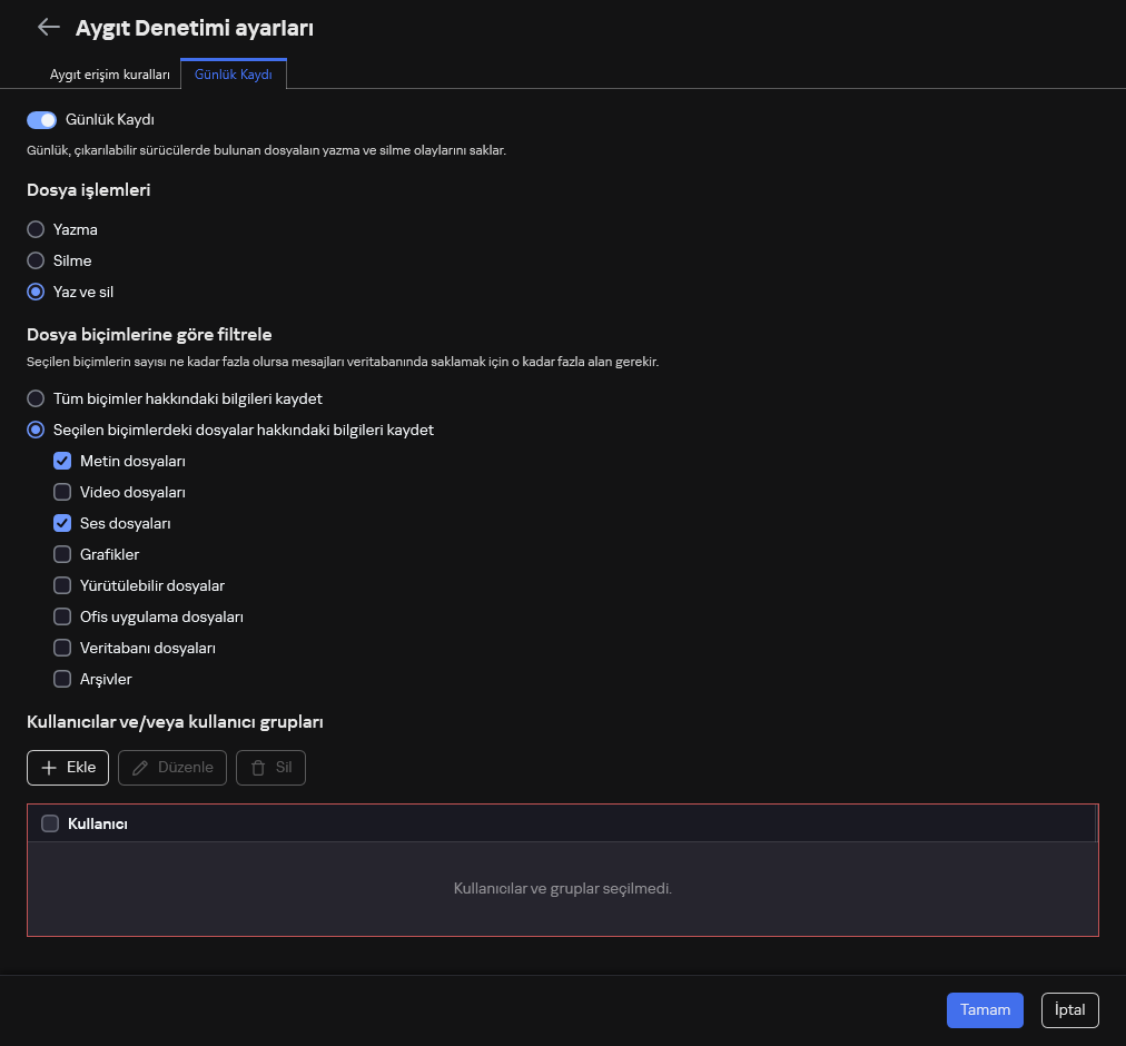Çıkarılabilir sürücülerin kullanımıyla ilgili olayların günlüğe kaydedilmesini yapılandırma penceresi. Kullanıcı günlüğe kaydedilecek olayları seçebilir.