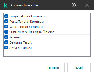 Uygulama bileşenlerinin listesini içeren bir pencere. İstisna, yalnızca seçilen bileşenlerin çalışması için geçerlidir.
