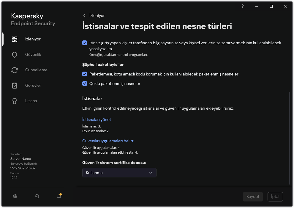 İstisna ayarları penceresi. Kullanıcı, istisnalar ve güvenilir uygulamalar ekleyebilir.