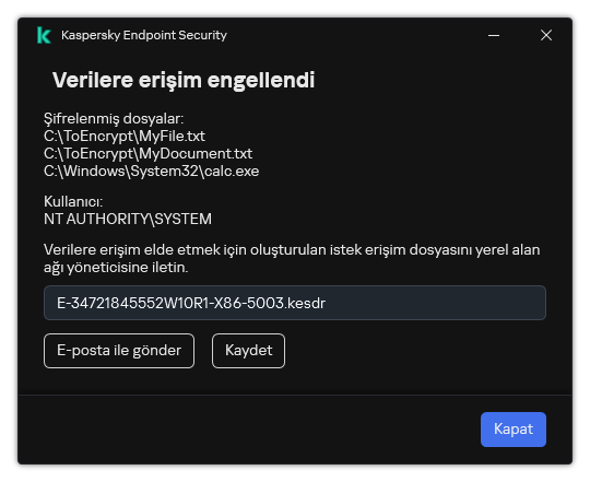 Şifrelenmiş verilere erişmek için istek dosyası içeren bir pencere. Kullanıcı, oluşturulan dosyayı diske kaydedebilir veya e-posta ile gönderebilir.
