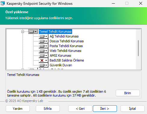 Kullanıcının seçebileceği bileşenlerin listesini içeren yükleyici penceresi.