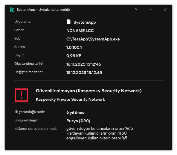 Pencere, dosya tanınırlığı ve dijital imzanın varlığı gibi diğer veriler hakkında bilgiler içerir.
