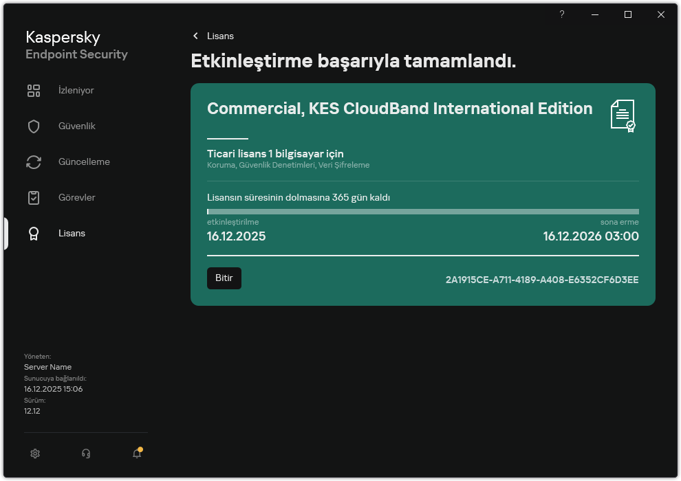Pencere lisansla ilgili bilgileri içerir: sona erme tarihi, kullanılabilir işlevler ve diğer bilgiler.