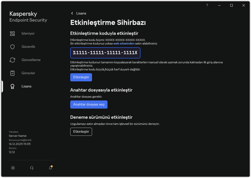 Uygulama etkinleştirme araçlarının bulunduğu pencere. Kullanıcı bir etkinleştirme kodu girebilir veya bir anahtar dosyası seçebilir.