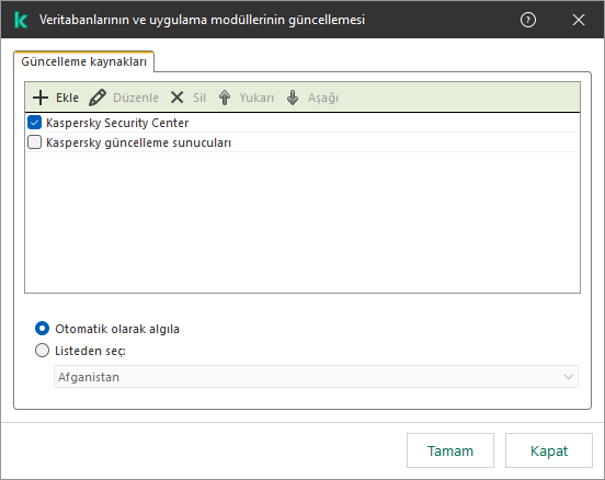 Güncelleme kaynaklarının listesini içeren bir pencere. Kullanıcı güncelleme kaynakları ekleyebilir ve kaynağa bir öncelik atayabilir.