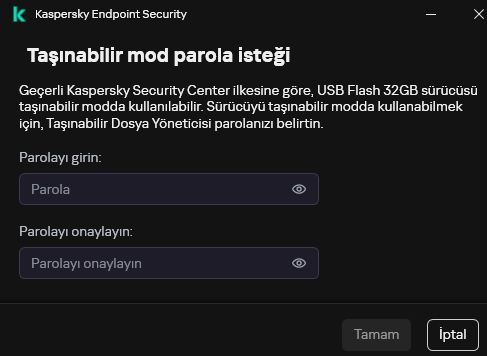 Pencere, parolanın girilmesi ve onaylanması için alanlar içerir.