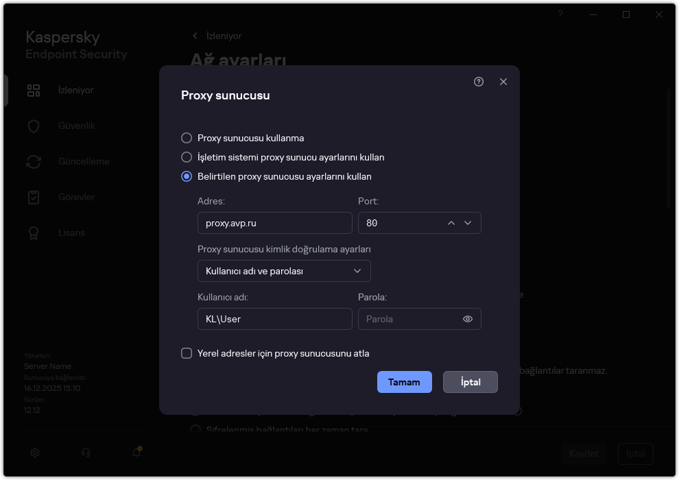 Proxy sunucusu bağlantısını yapılandırma penceresi. Kullanıcı proxy sunucusunun adresini ve kullanıcı kimlik bilgilerini ayarlayabilir.
