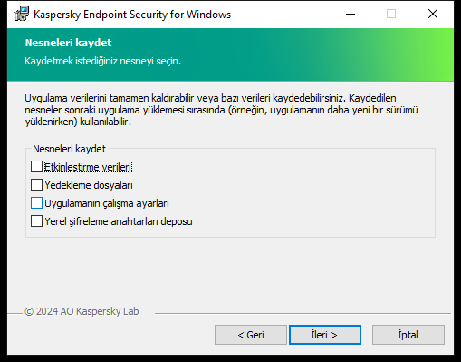 Uygulamayı kaldırdıktan sonra kaydedilebilecek nesnelerin listesini içeren yükleyici penceresi.
