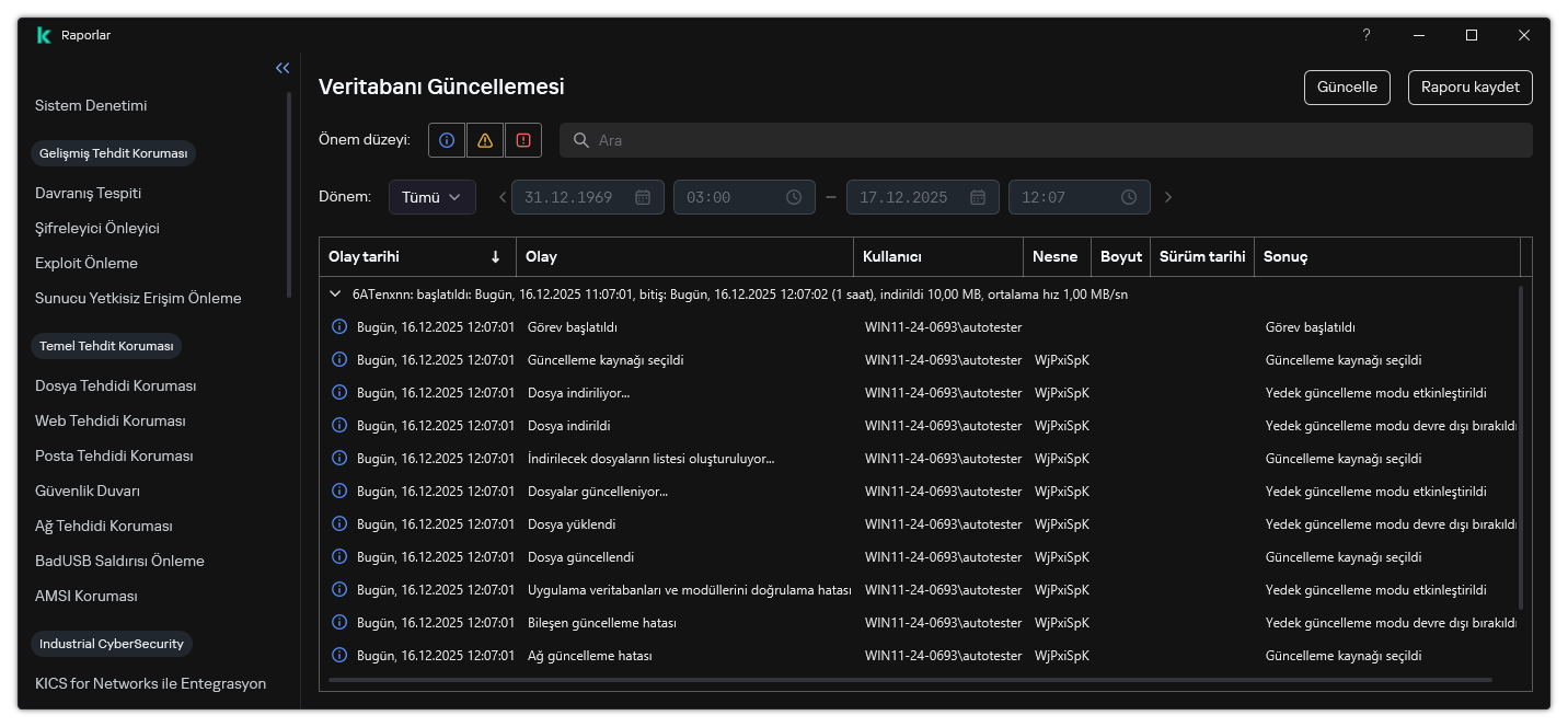 Rapordaki olayların listesini içeren bir pencere. Kullanıcı olayları filtreleyebilir/sıralayabilir ve raporları bir dosyaya kaydedebilir.