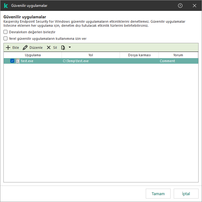 Güvenilir uygulamaların listesini içeren bir pencere. Kullanıcı, güvenilir bir uygulamayı ekleyebilir, düzenleyebilir veya kaldırabilir.