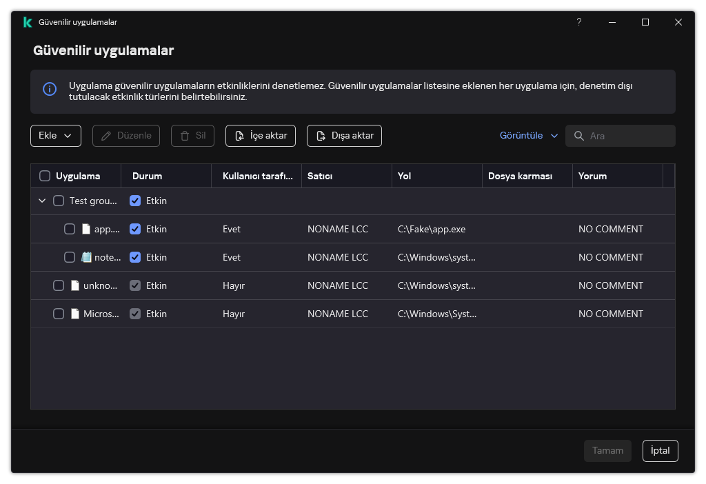 Güvenilir uygulamaların listesini içeren bir pencere. Kullanıcı, güvenilir bir uygulamayı ekleyebilir, düzenleyebilir veya kaldırabilir.
