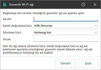 Pencere, güvenilir Wi-Fi ağının ayarlarını içerir.
