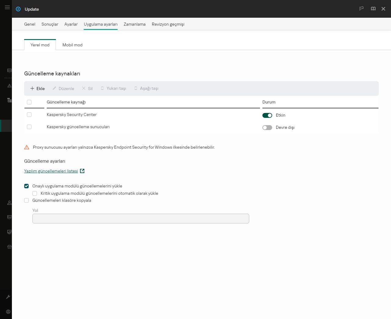 Güncelleme kaynaklarının listesini içeren bir pencere. Kullanıcı güncelleme kaynakları ekleyebilir ve kaynağa bir öncelik atayabilir.