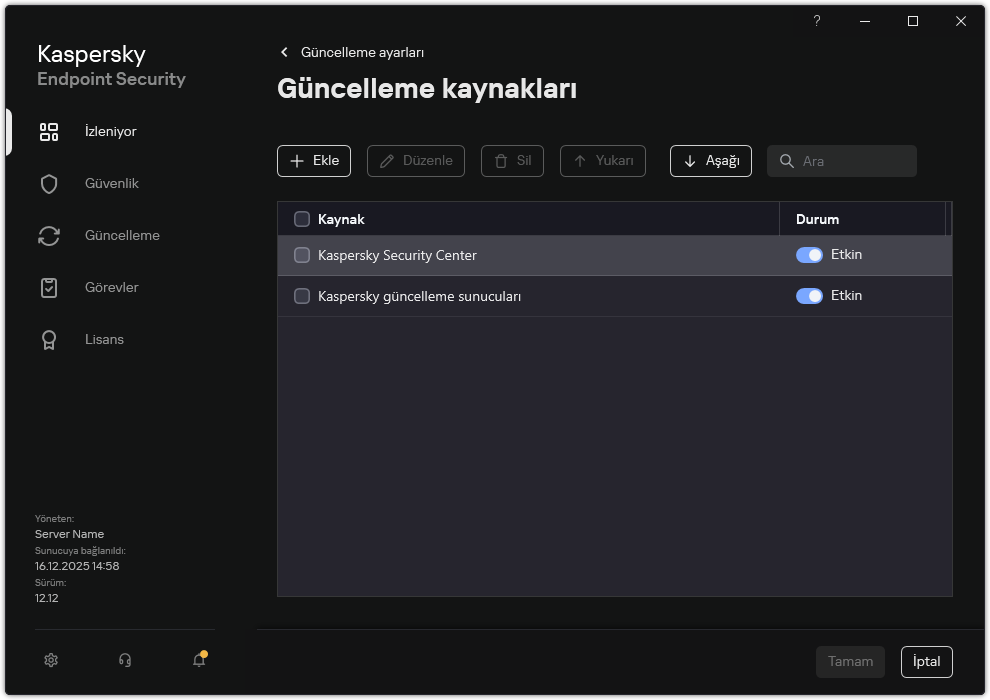 Güncelleme kaynaklarının listesini içeren bir pencere. Kullanıcı güncelleme kaynakları ekleyebilir ve kaynağa bir öncelik atayabilir.