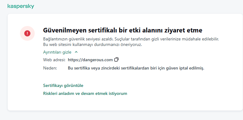 Tarayıcı penceresinde güvenilmeyen bir sertifikaya sahip bir etki alanının ziyaret edilmesiyle ilgili Kaspersky bildirimi. Kullanıcı çalışmaya devam edebilir.